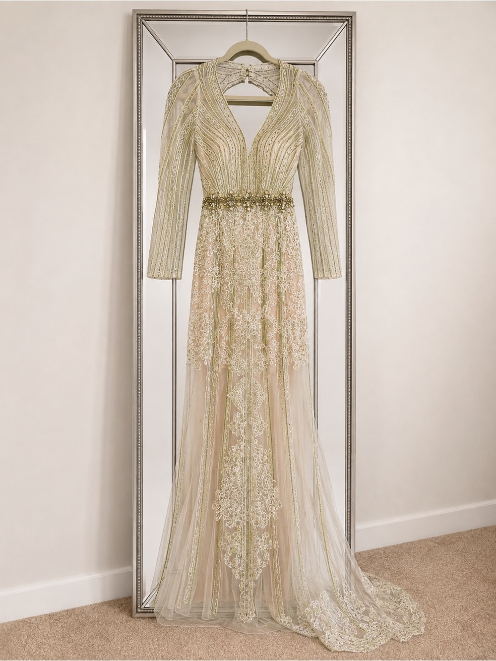 Mac Duggal Cream and Nude Long Sleeve Beaded Evening Gown